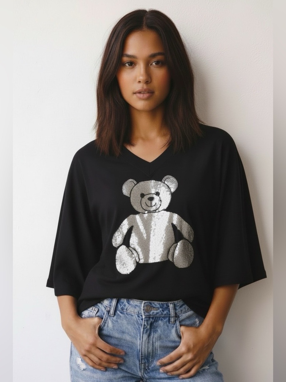 Lou & Grey Signature Soft Black Top with “Teddy Bear” Graphic Embellishments
